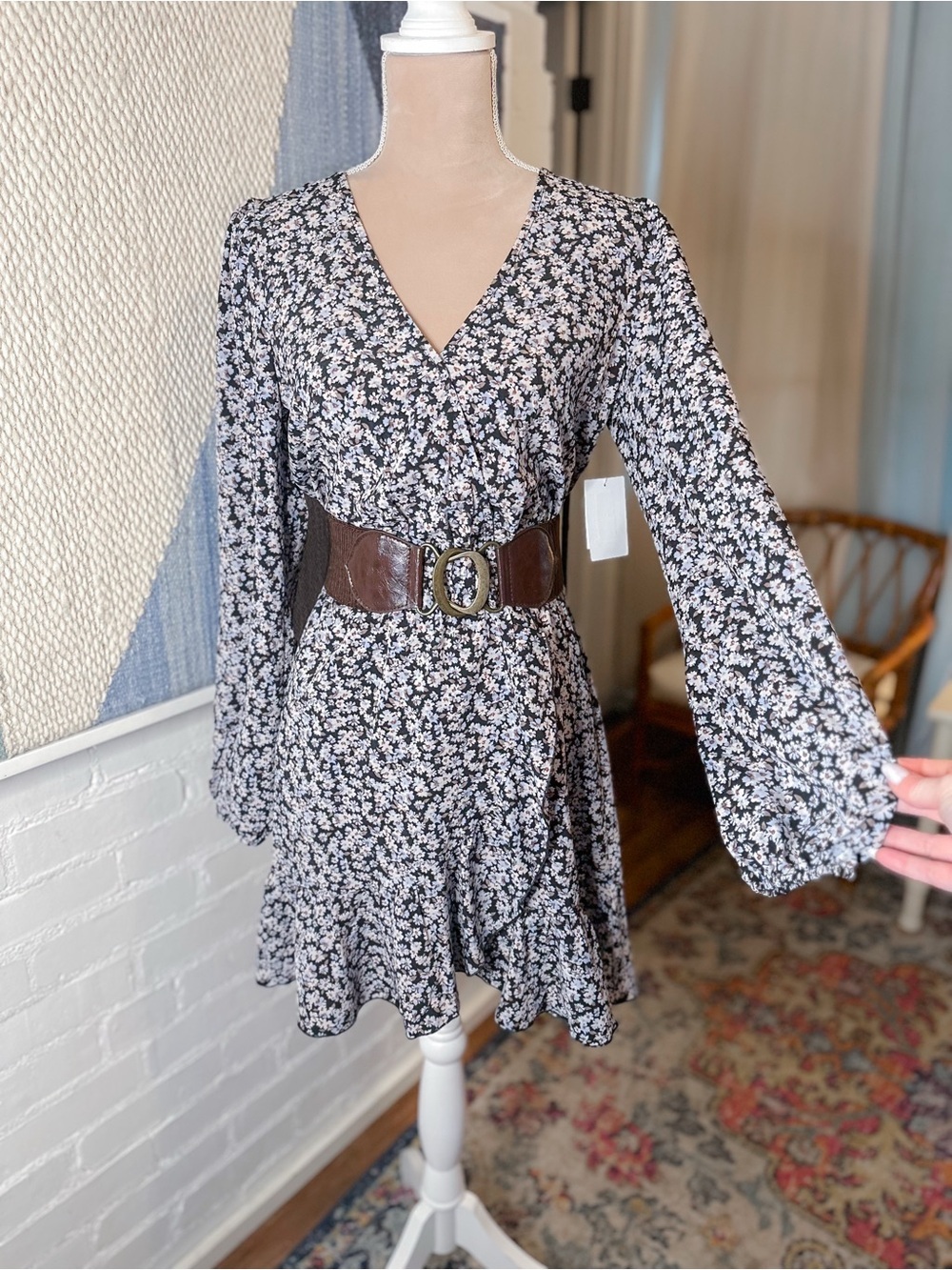 NWT Abound Black and Tan Floral Faux Wrap Dress